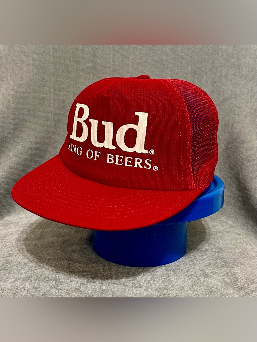 Bud "King of Beers" Red and White SnapBack Trucker Style Hat Vintage - Picture 4 of 6